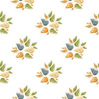 Isolated seamless pattern with orange and blue colored pear and leaves shapes. White background. vector