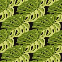 Big monstera leaf silhouettes seamless doodle pattern in hand drawn style. Dark background. Simple style. vector