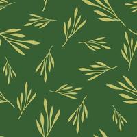 Random yellow leaf branches seamless doodle pattern. Green background. Foliage doodle backdrop. vector