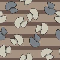 Random seamless pattern with grey and blue outline champignon print. Brown striped background. vector