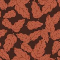 Autumn seamless foliage botany pattern with random oak leaf ornament. Maroon dark background. vector