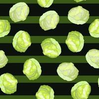 Seamless pattern iceberg salad on stripes background. Ornament with lettuce. vector