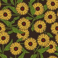 Outline contoured yellow sunflowers print seamless pattern in doodle style. Brown random bloom backdrop. vector