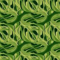 Tropical seamless pattern on green background. Abstract texture decoration with leaf monstera real color with dark spots. vector