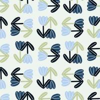 Decorative seamless pattern with blue and navy tulip flowers elements. Light grey background. vector