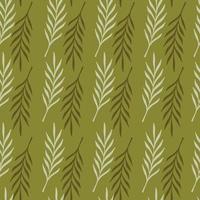 Foliage seamless doodle pattern with grey and brown leaf twigs shapes print. Olive pale background. vector