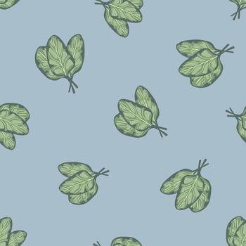 Seamless pattern bunch spinach salad on blue background. Simple ornament with lettuce. vector