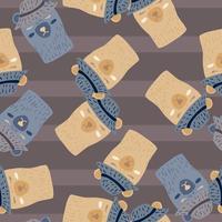 Seamless random pattern with bears head abstract print. Funny animals in hats on striped brown background.