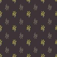 Foliage branch seamless pattern in abstract style. Grey dark background with yellow colored details. vector