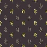 Foliage branch seamless pattern in abstract style. Grey dark background with yellow colored details. vector