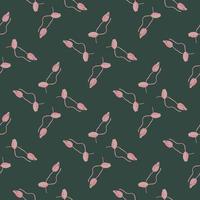 Geometric style seamless pattern with pink little abstract poppy buds print. Dark green- turquoise background. vector