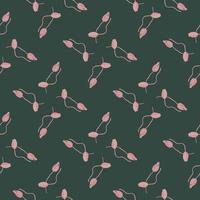 Geometric style seamless pattern with pink little abstract poppy buds print. Dark green- turquoise background. vector