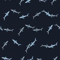 tiburón azul de patrones sin fisuras sobre fondo negro. textura de peces marinos para cualquier propósito. vector