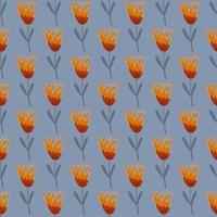 Orane colored flower elements seamless pattern. Blue background. Botanical backdrop. vector