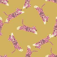 Bright abstract pink tiger silhouettes seamless doodle pattern. Ocher background. Random zoo print. vector