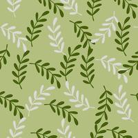 Abstract herbal floral seamless pattern with simple herbal twigs ornament. Green bbackground. Random print. vector