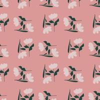 Blossom creative seamless pattern with doodle simple flower ornament. Pink pastel background. vector