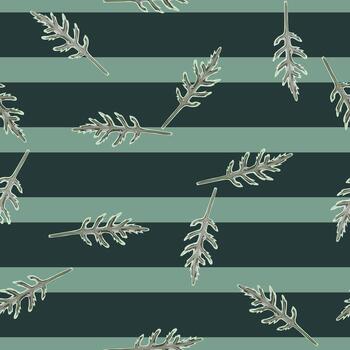 Seamless pattern bunch arugula salad on stripes teal background. Modern ornament with lettuce. vector
