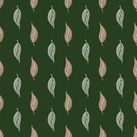 Beige and grey colored outline foliage seamless pattern. Dark green background. Nature print. vector