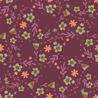 Seamless pattern with random botanic flowers and foliage ornament. Ditsy backdrop with purple background. vector
