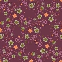 Seamless pattern with random botanic flowers and foliage ornament. Ditsy backdrop with purple background. vector