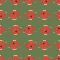 Holiday xmas red sweater doodle seamless pattern in hand drawn style. Green background. vector