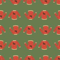 Holiday xmas red sweater doodle seamless pattern in hand drawn style. Green background. vector