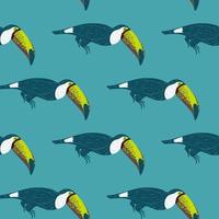 Doodle funny animal seamless pattern with simple toucan bird shapes. Blue background. Simple design. vector