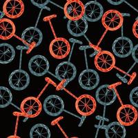 Random seamless pattern with blue and pink circus bicycle ornament. Black background. Contrast transport print. vector