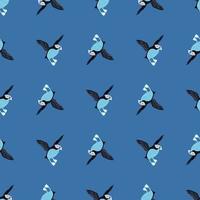 Creative seamless pattern with simple puffin bird silgouettes. Blue background. Biology zoo print. vector