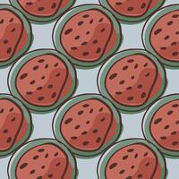 Hand drawn red abstract watermelon elements seamless doodle pattern. Blue pastel background. Simple style. vector