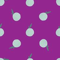 Seamless doodle pattern with random blue apple cute ornament. Fruit shapes on bright purple background. vector