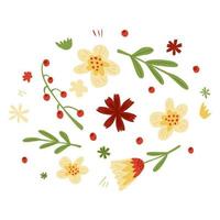 composición de flores y follaje sobre fondo blanco. bosquejo botánico abstracto dibujado a mano en estilo garabato. vector