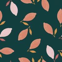 Random seamless doodle pattern with pink lemon ornament. Green dark background. vector