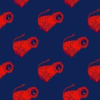 Contrast bright seamless pattern with red simple lion shapes print. Navy blue background. Doodle style. vector