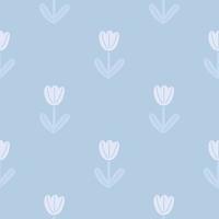 Minimalistic style seamless pattern with tulip simple flowers shapes. Blue light background. Bloom artwork. vector
