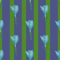 Nature seamless abstract style pattern with blue crocus flower shapes on stiped green background. vector