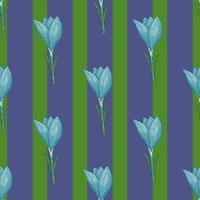 Nature seamless abstract style pattern with blue crocus flower shapes on stiped green background. vector