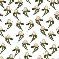 Isolated seamless doodle pattern with random little green iris flowers ornament. White background. vector