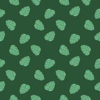 Abstract tropic forest style seamless pattern with doodle monstera leaves shapes. Green background. vector