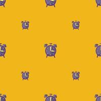 Minimalistic style seamless pattern with purple bright alarm clock ornament. Yellow background. Decor print. vector