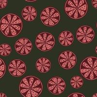 Random pink vintage citrus shapes seamless pattern. Green dark background. Hand drawn food backdrop. vector