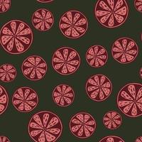 patrón sin costuras de formas cítricas vintage rosas aleatorias. fondo verde oscuro. fondo de comida dibujado a mano. vector