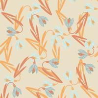 Orange and blue colored spring snowdrop elements seamless pattern. Beige background. Nature artwork. vector