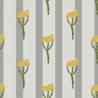 Hand drawn seamless pattern with yellow yarrow ornament. Grey striped background. Botanic shapes. vector