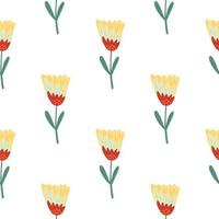 Isolated seamless doodle pattern with botanical flower ornament. Yellow and red colored print. vector