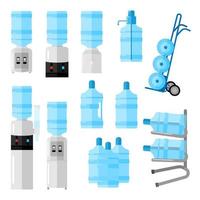 Set cooler for water on white backdrop. Cooler and bottle office, water delivery service, delivery cart with bottles in style flat. vector