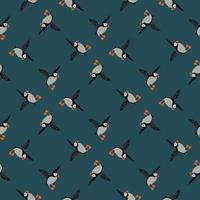 Geometric abstract seamless pattern with hand drawn cartoon puffin shapes. Dark turquoise background. vector