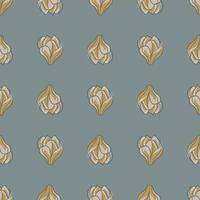 Decorative seamless pattern with pale grey and ocher magnolia flower print. Blue pastel background. vector