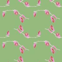 Seamless pattern Magnolias on green background. Beautiful texture with pink flowers. vector